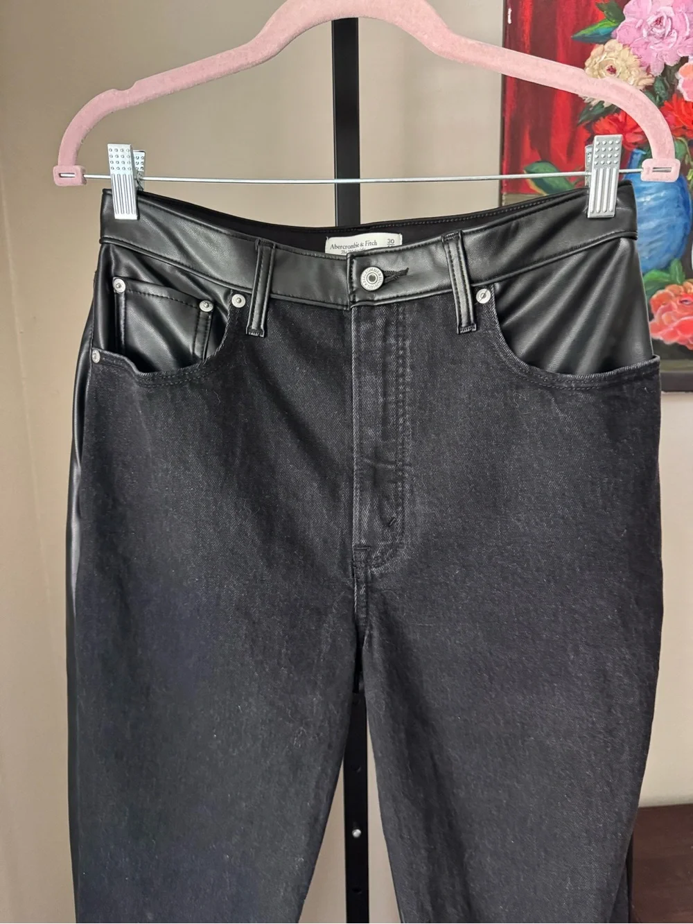 Abercrombie and fitch ultra high rise black Jeans with Faux Leather Trim - Picture 2 of 9